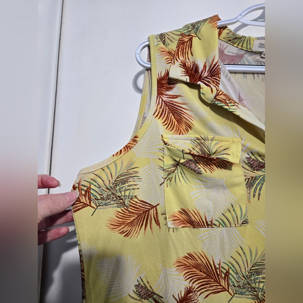Blue Mood Tropical Palm Print Sleeveless Blouse 2X Yellow Lightweight Summer Top - Picture 3 of 6